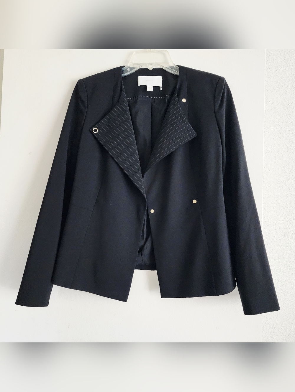 HUGO BOSS | Jutall Black Pinstripe-Trim Snap Collar Jacket | Size 2
